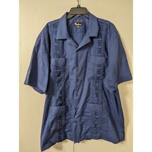Omega Fashion Mens Button Down Embroidered Short Sleeve Dark Blue Top Size 3XL